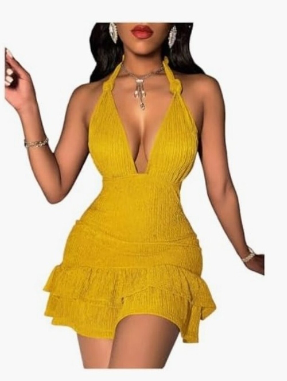 SHEIN Halter Ruffle Mini Dress in Mustard